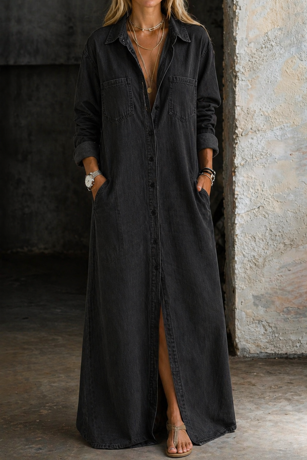 Robe chemise femme longue en denim léger avec boutons