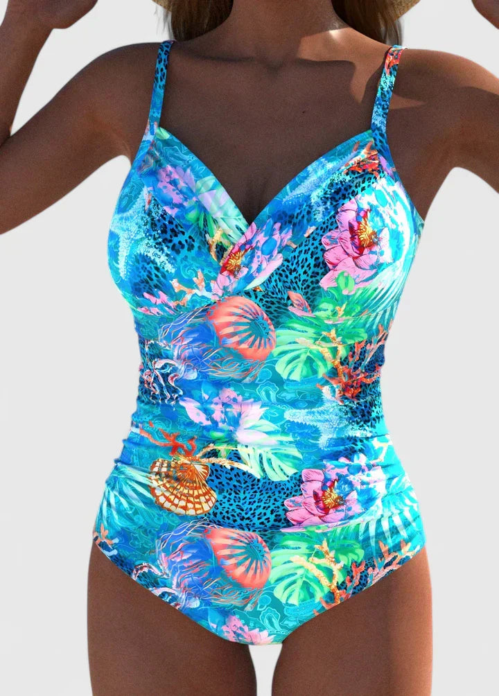 Maillot de Bain Une Pièce Femme Col V Croisé Imprimé Marin Tropical Froncé