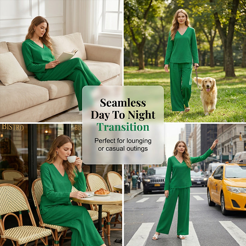 Ensemble femme fluide avec pantalon large et col en V élégant