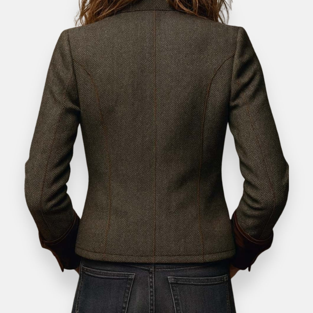 Veste en tweed pour femme avec bordure en velours – modèle élégant pour la mi-saison