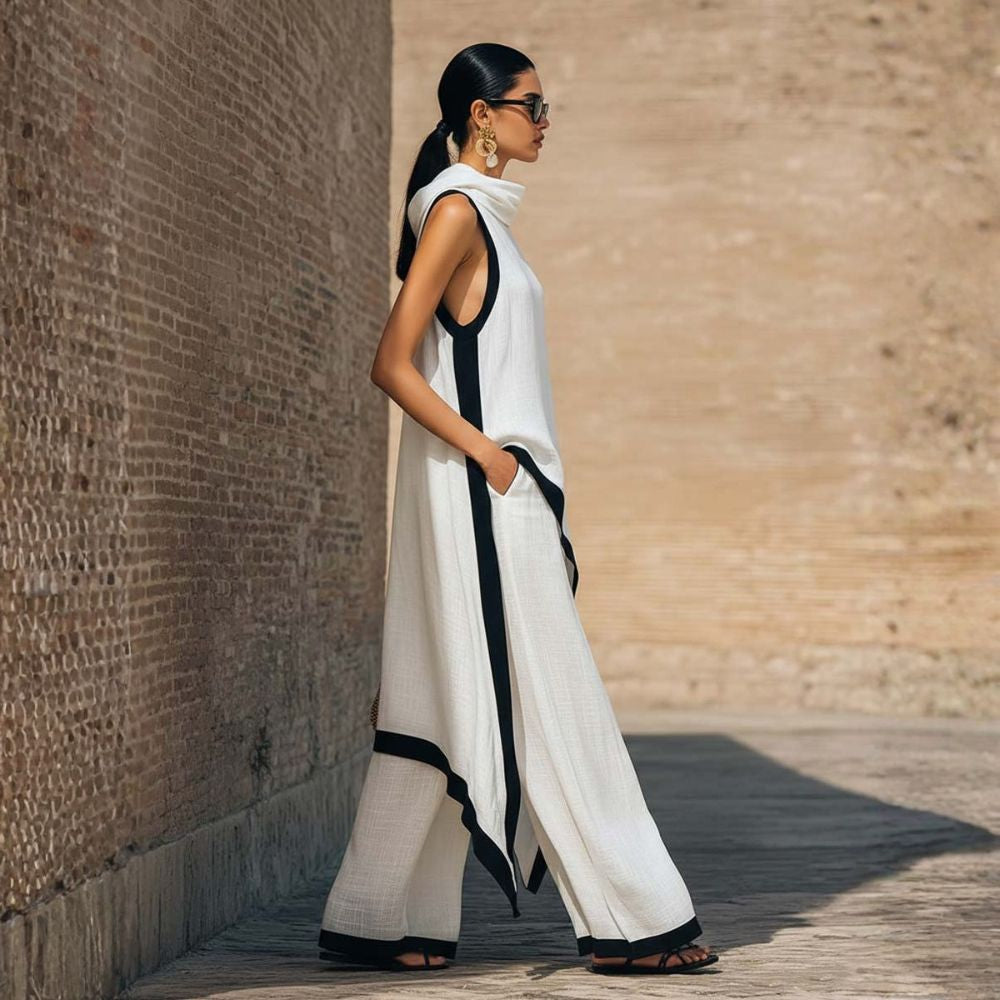 Tenue femme en lin et coton avec tunique asymétrique et pantalon large