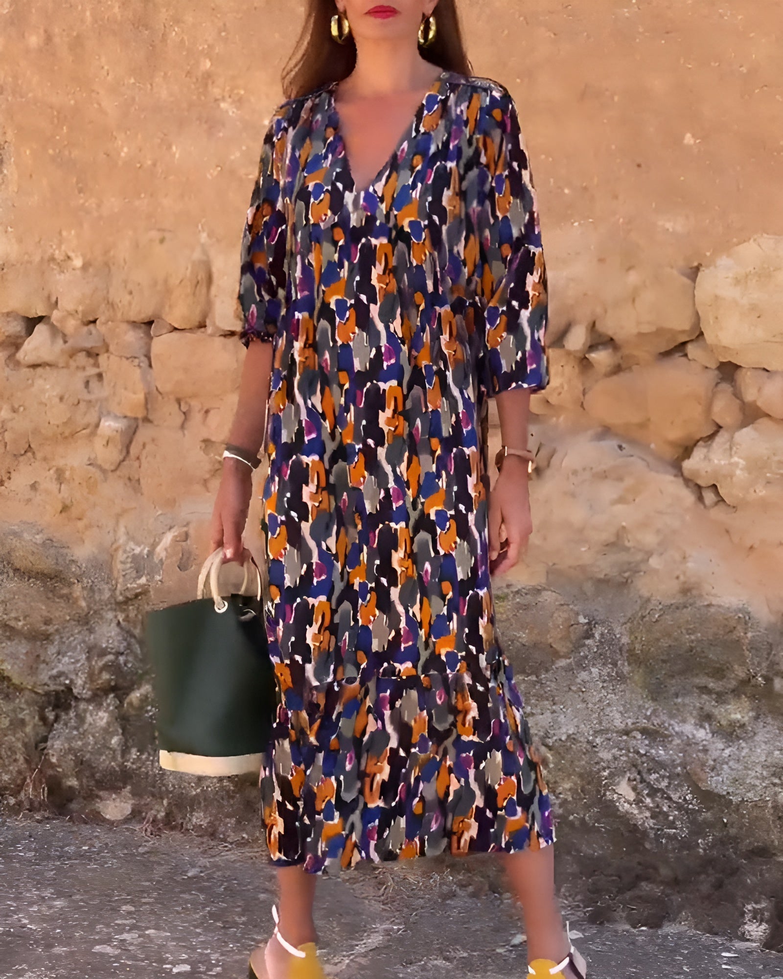 Robe femme longue fluide imprimé rétro col V manches 3/4 élégante