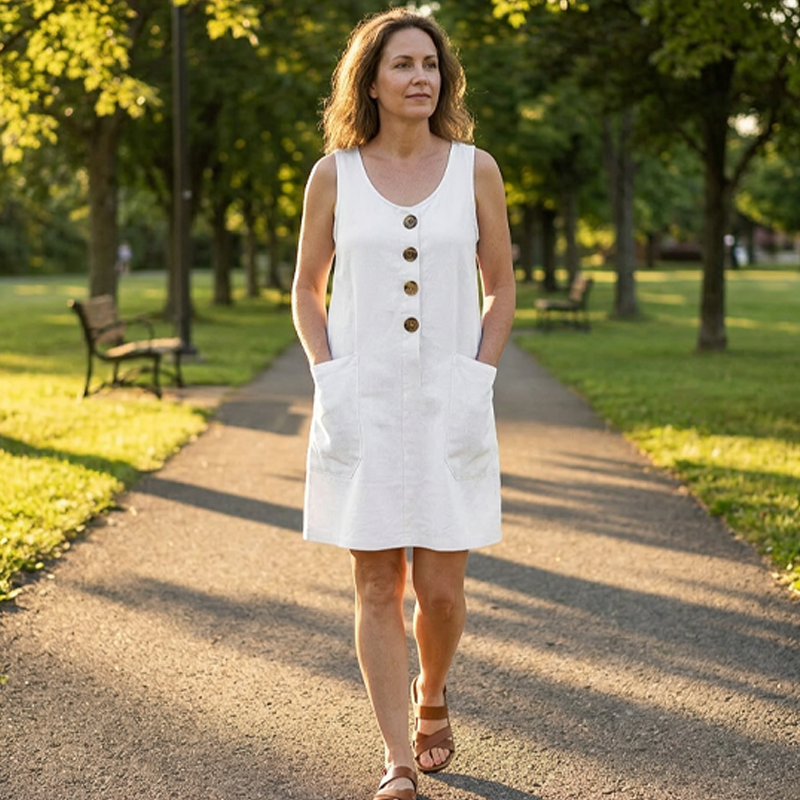 Robe femme sans manches en coton et lin avec boutons décoratifs