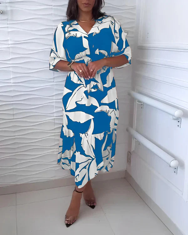 Robe femme à imprimé abstrait avec col V et taille ajustable