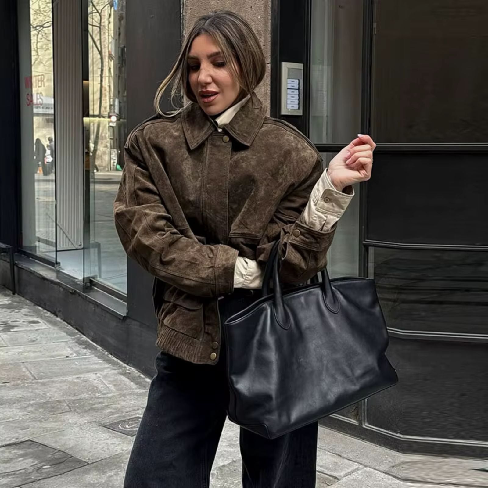 Veste femme oversize effet suédé coupe ample pour style urbain quotidien