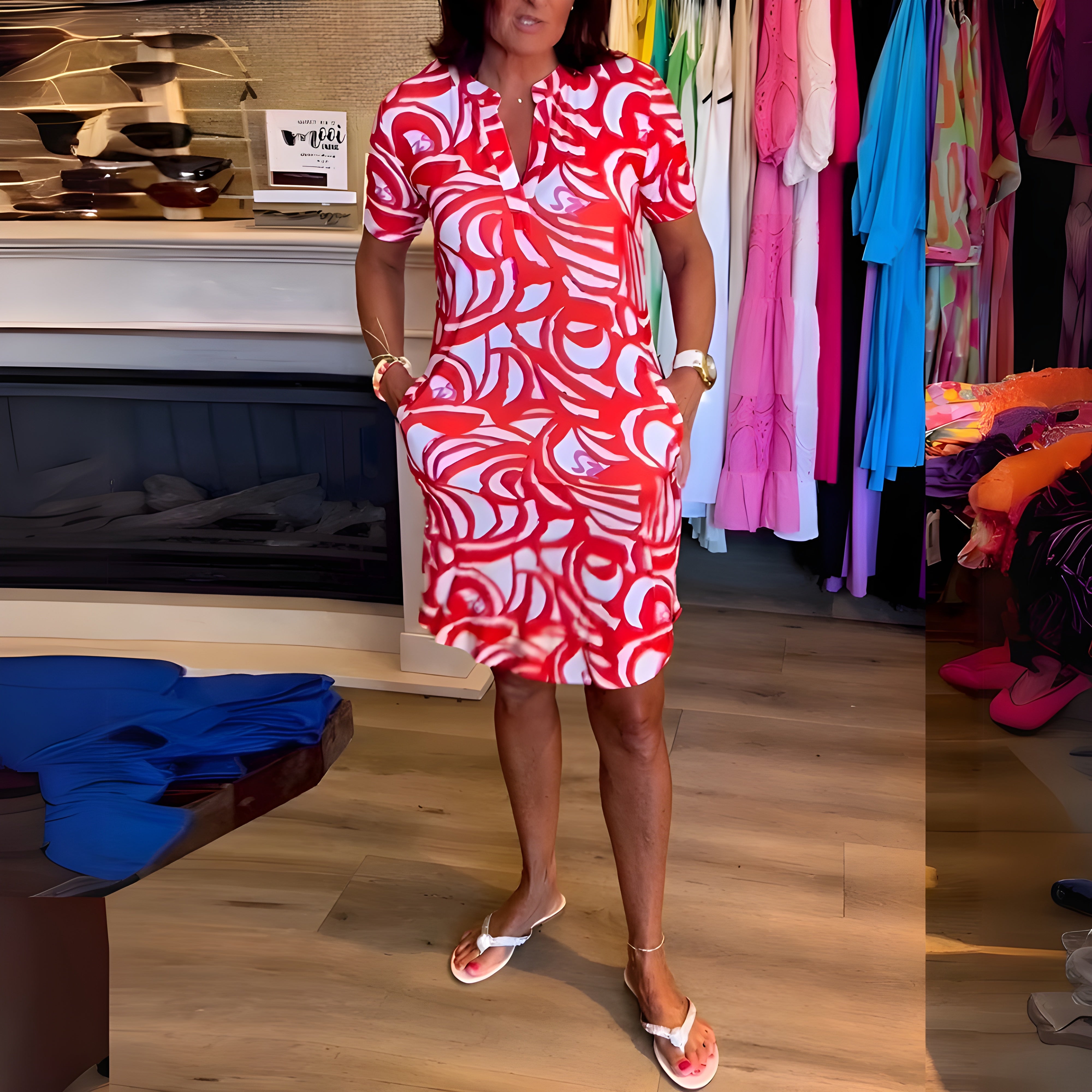 Robe Femme Motif Imprimé Coupe Fluide Manches Courtes Élégante