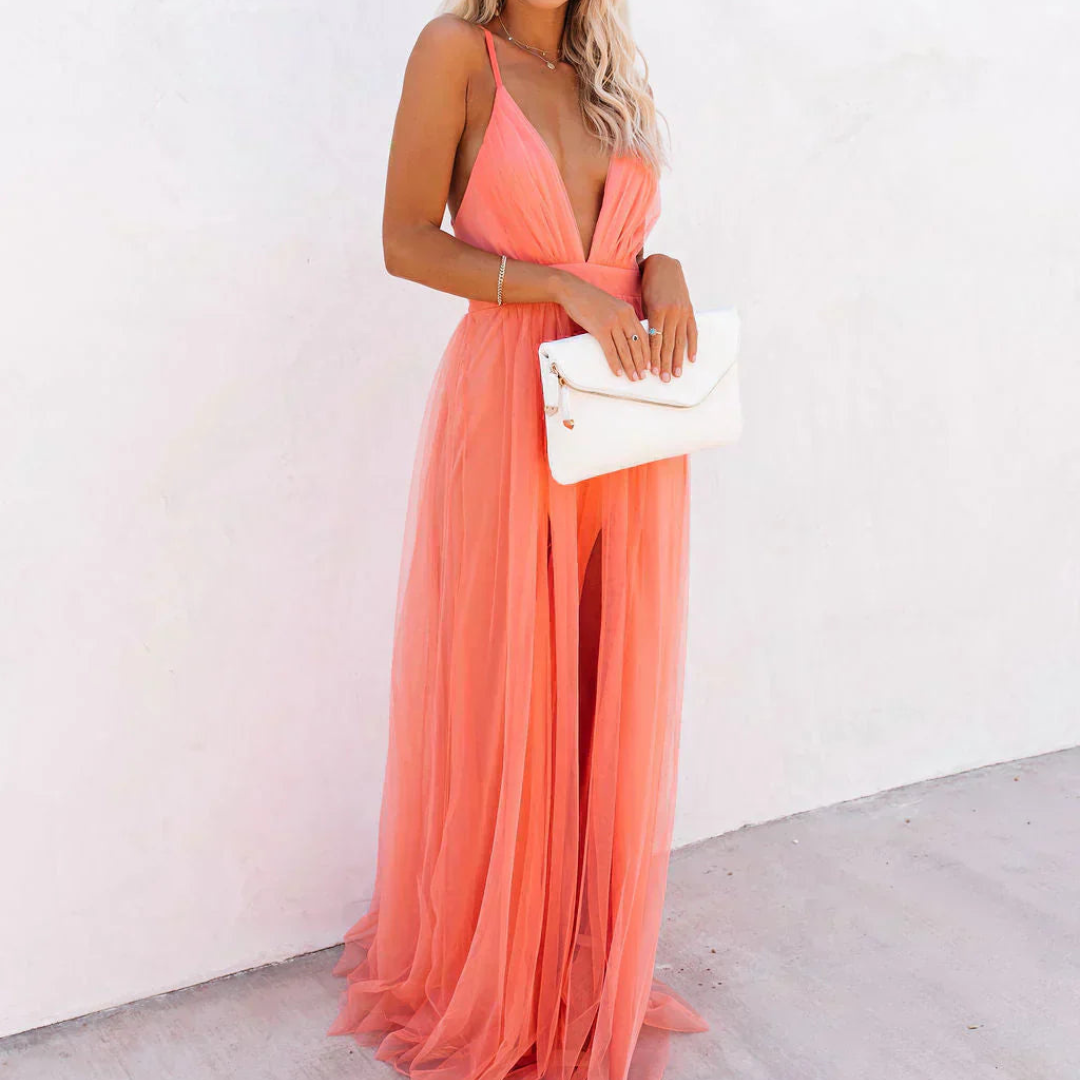 Robe Femme Longue Fluide Col V Dos Nu Élégante Soirée