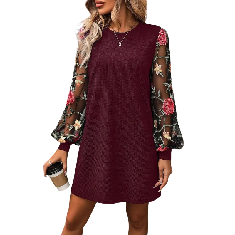 Robe Femme Élégante avec Manches Transparentes Brodées Florales