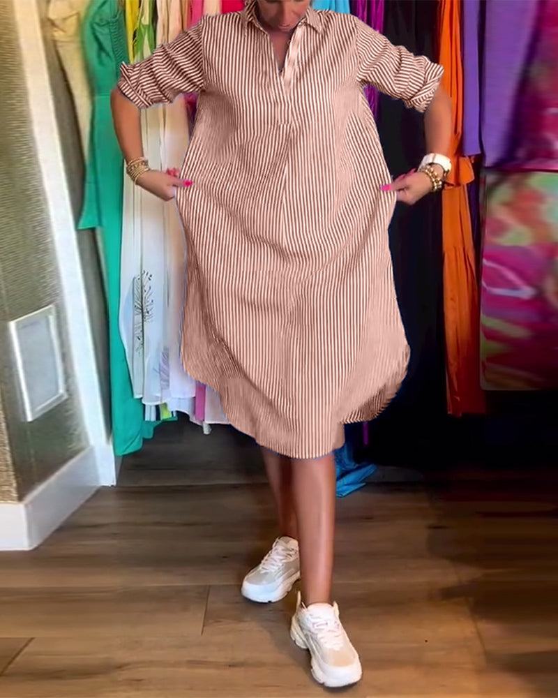 Robe femme chemise rayée fluide col revers manches longues élégante casual
