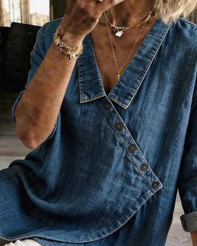 Blouse femme ample à boutons diagonaux style denim