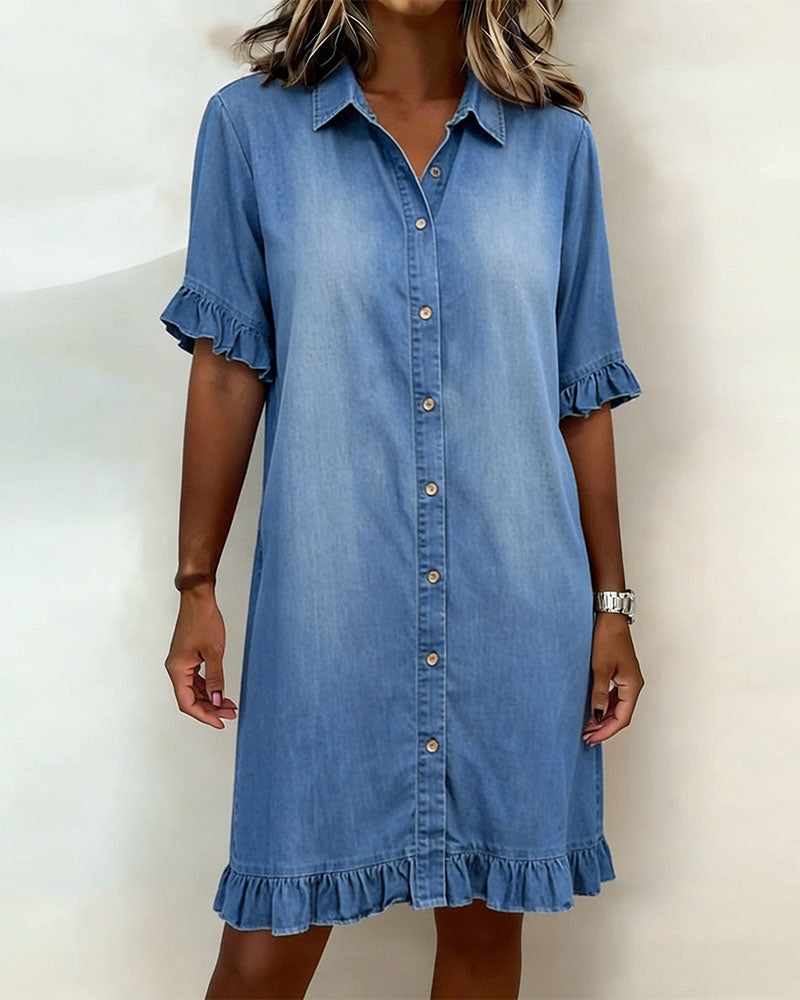 Robe femme en denim confortable avec boutons et détails volantés