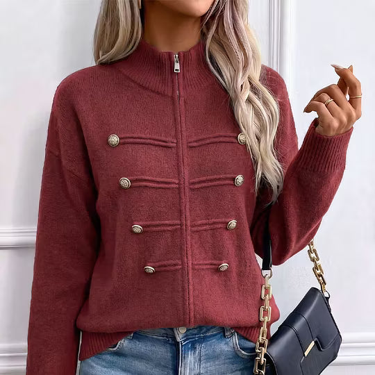 Gilet en maille femme à col montant et boutons décoratifs