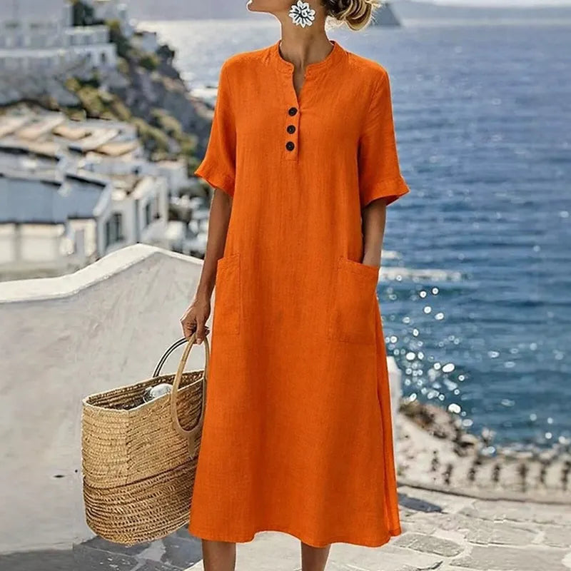 Robe midi femme coton-lin avec boutons et poches