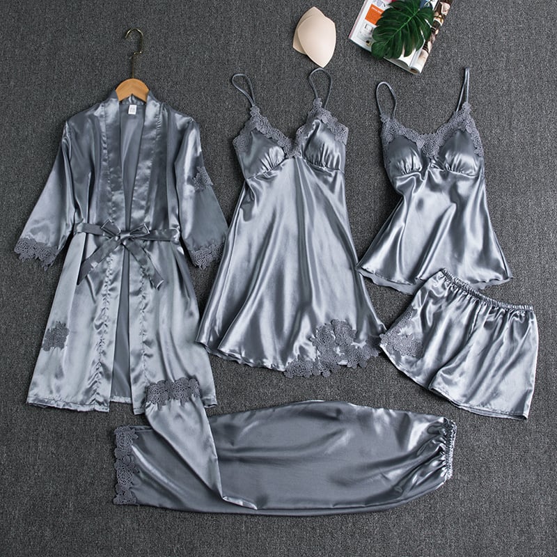 Elyssara™ - Ensemble De Nuit En Satin Glacé 5 Pièces Pour Femme