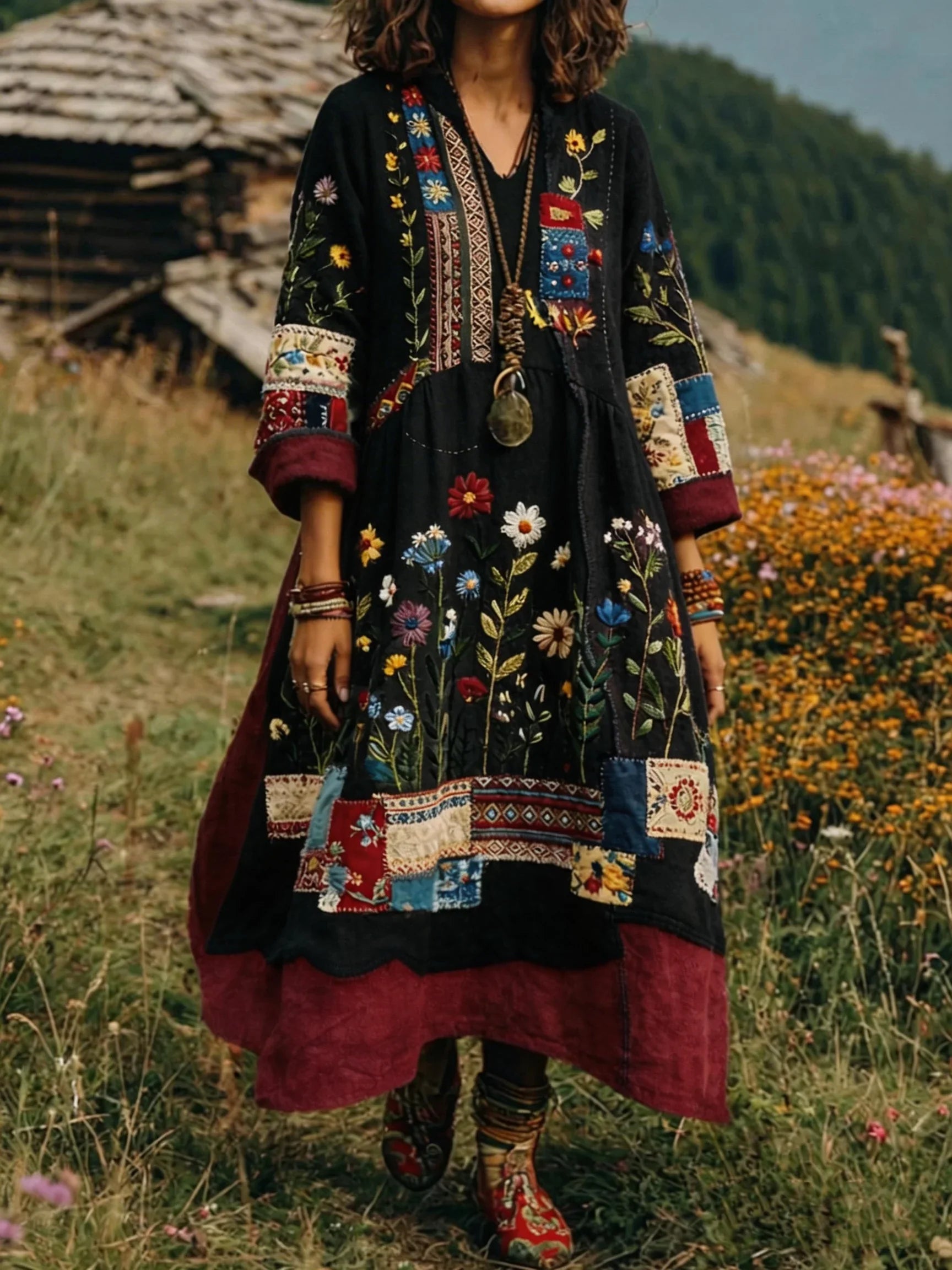 Robe Femme Bohème Patchwork Brodée Coupe Fluide Style Ethnique