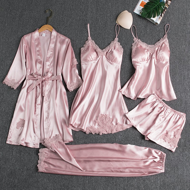 Elyssara™ - Ensemble De Nuit En Satin Glacé 5 Pièces Pour Femme