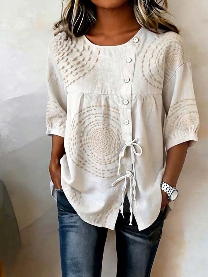 Chemise Femme Décontractée Imprimé Texturé Boutons Asymétriques Style Naturel Chic