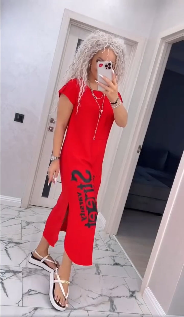 Robe Femme Imprimé Lettres Coupe Ample Col Rond Fente Style Casual