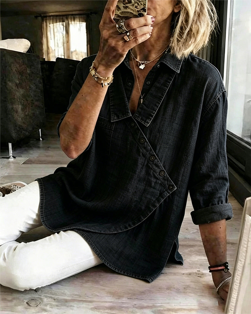 Blouse femme ample à boutons diagonaux style denim