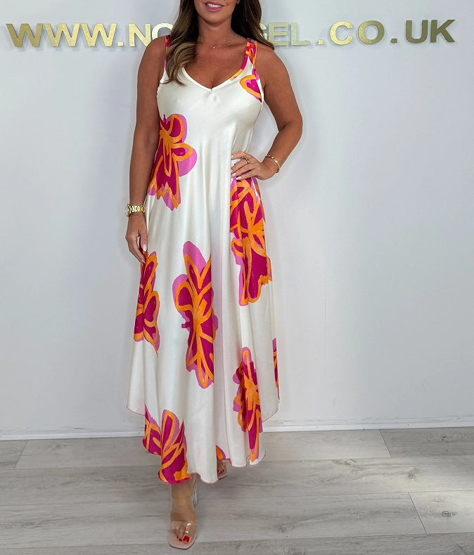 Robe Femme Maxi Imprimée Bretelles Col V Fluide Été Élégant
