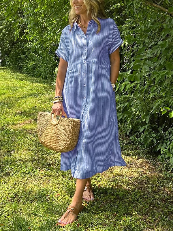 Robe Chemise Rayée Longue Coupe Fluide Avec Boutonnage Confort Quotidien