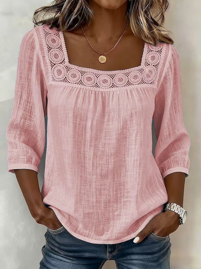 Blouse femme en coton et lin à décolleté carré avec dentelle raffinée