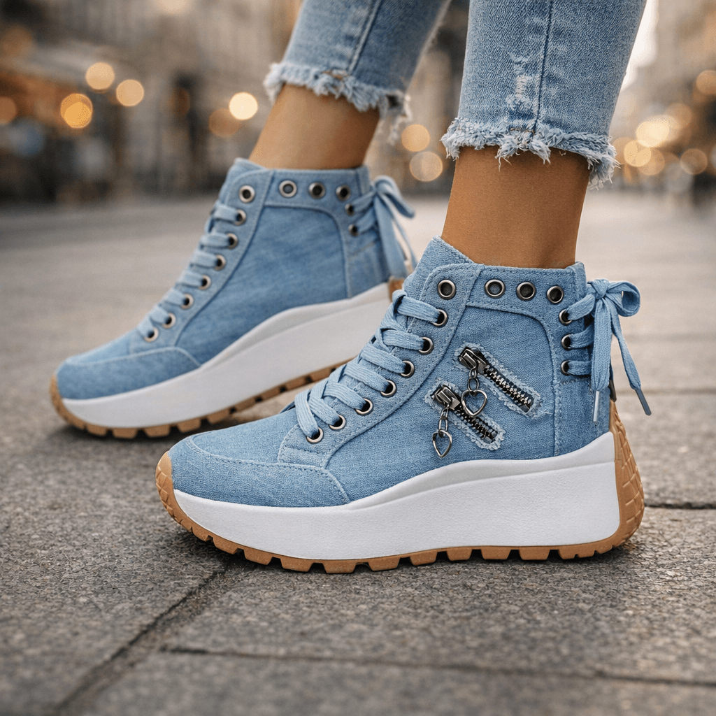 Baskets Femme Plateforme Denim avec Détails Zippés
