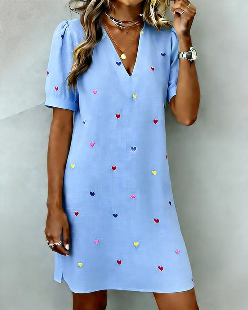 Robe Courte Femme Col V Imprimé Cœurs Coton Lin Manches Bouffantes