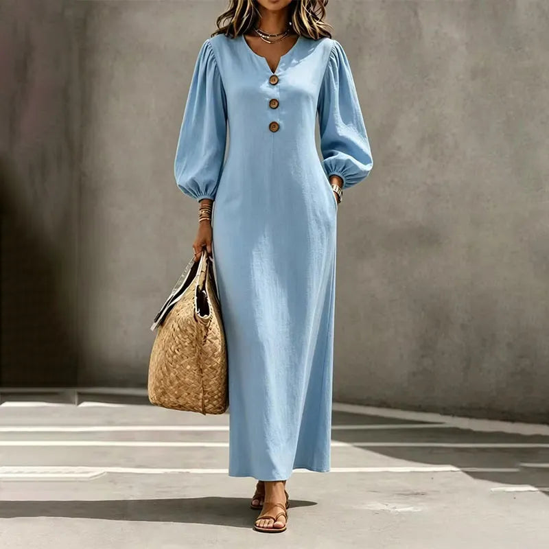 Robe maxi femme à col V et manches bouffantes
