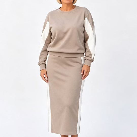 Ensemble jupe femme bicolore en maille à manches longues