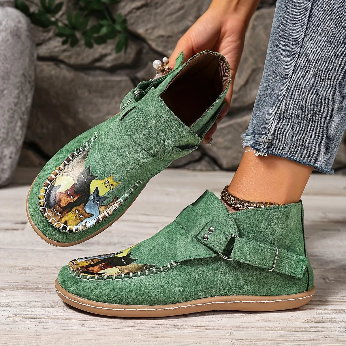 Mocassins femme imprimé chat à enfiler