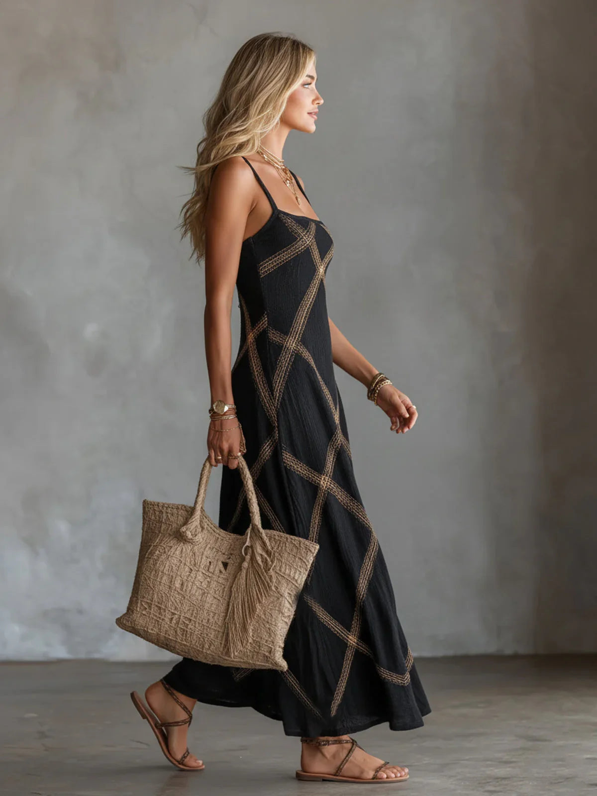 Robe longue femme bohème à bretelles fines avec motif graphique