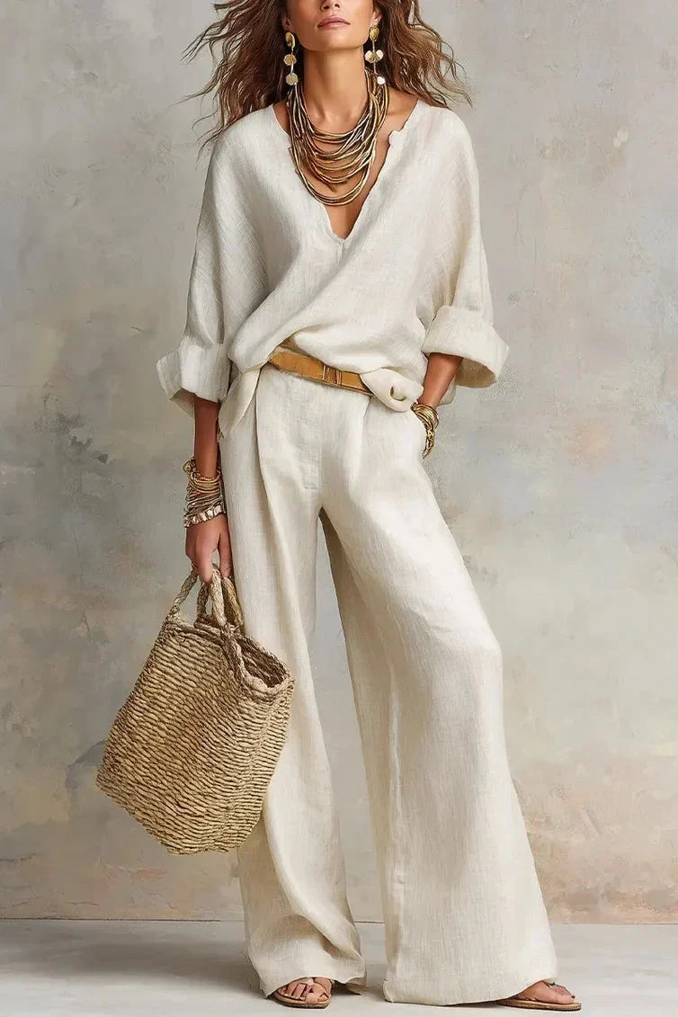 Ensemble femme fluide à col V avec pantalon large