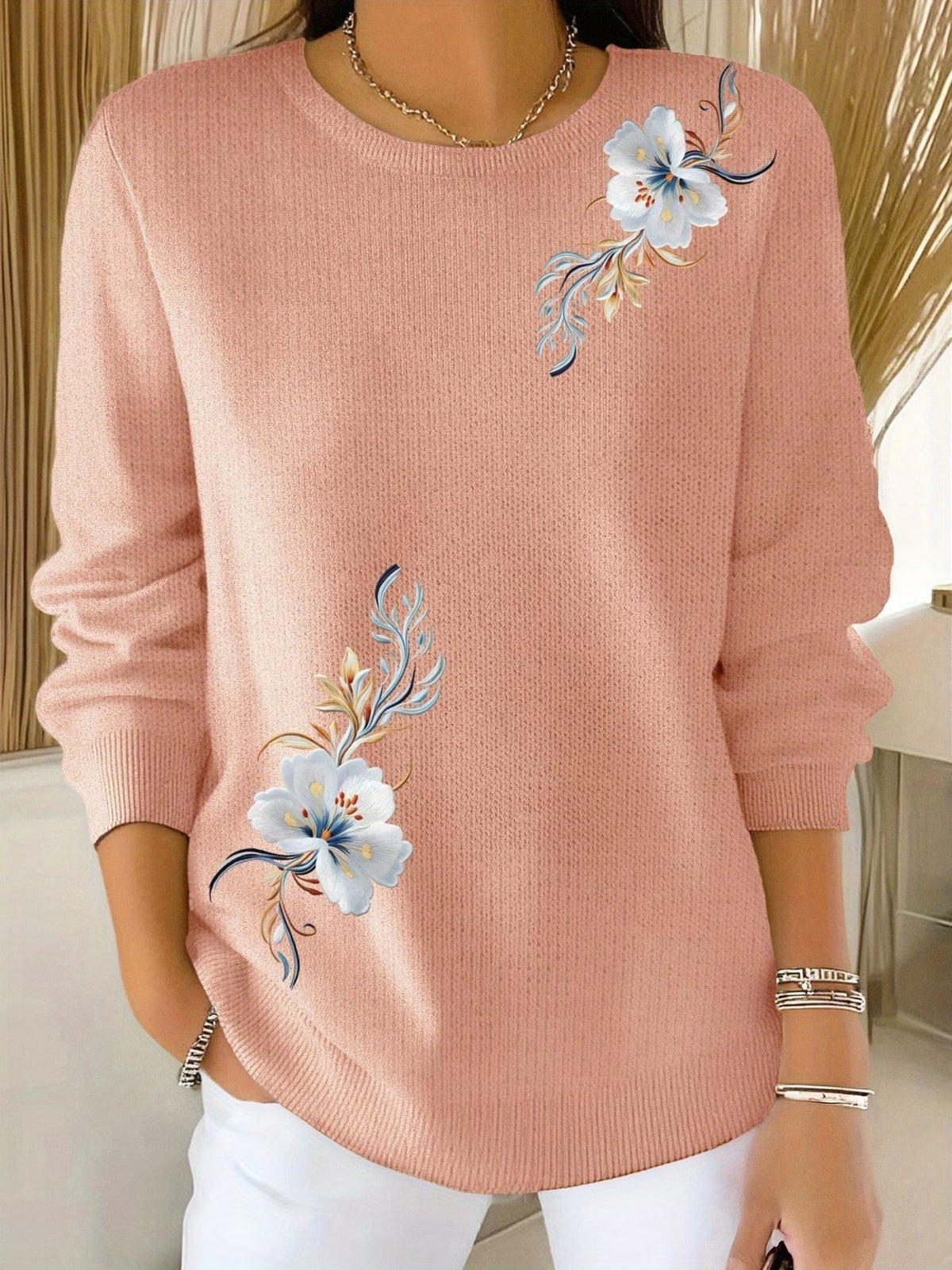 Pull femme en maille à imprimé floral col rond