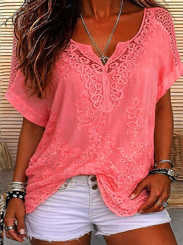 Blouse femme brodée avec dentelle florale et coupe fluide