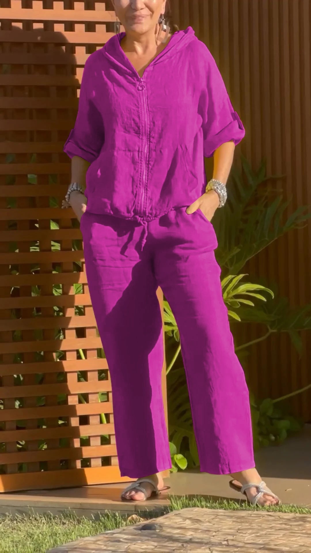 Ensemble Femme Coton Lin Capuche Zippée Coupe Ample Été