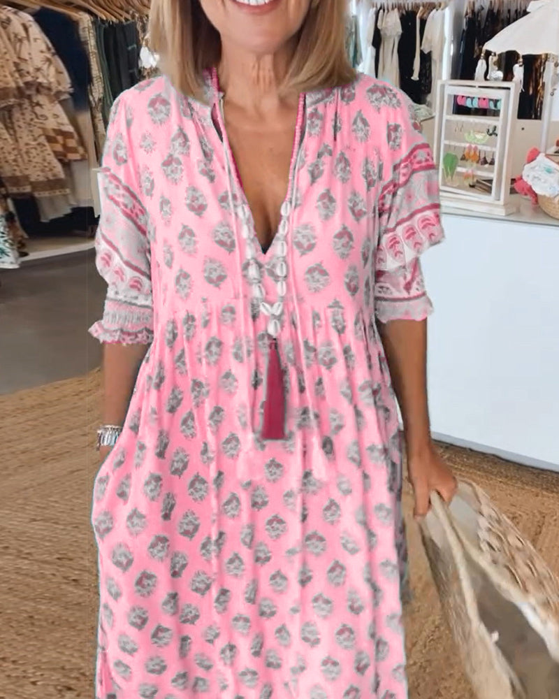 Robe femme midi fluide imprimée col V manches lanterne ample décontractée