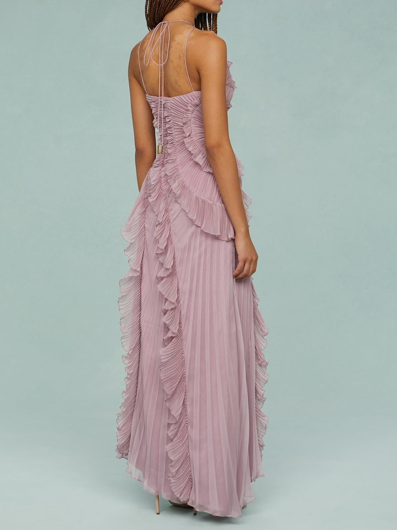 Robe Longue Plissée Femme avec Volants Asymétriques Élégants
