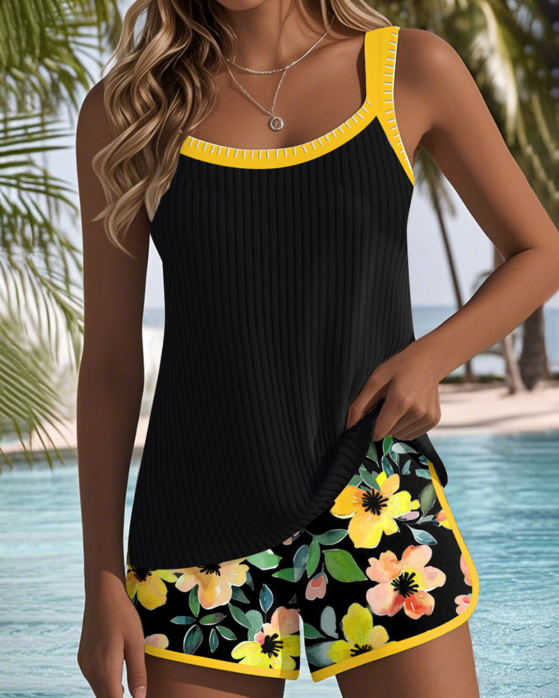 Tankini Deux Pièces Femme Top Côtelé Short Floral Liseré Orange Contrasté