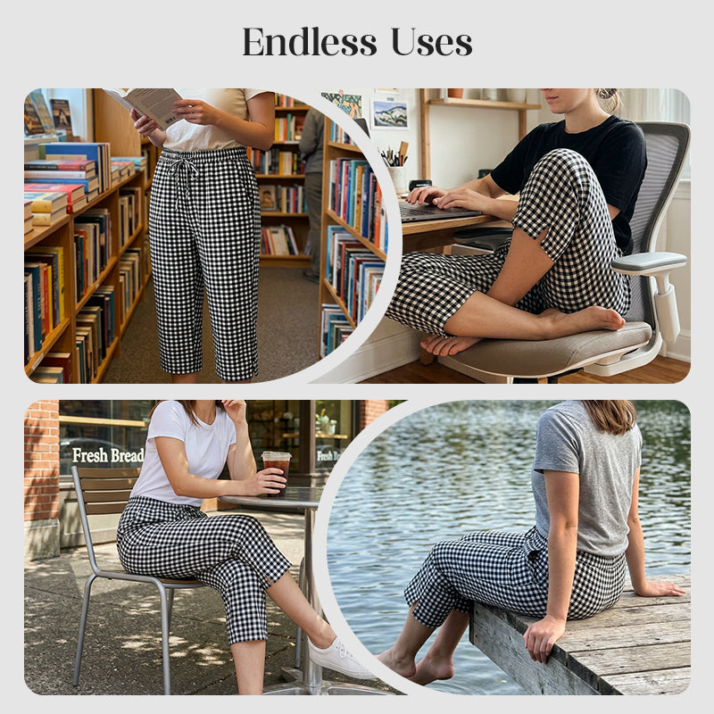 Pantalon capri femme à carreaux vichy et taille élastique