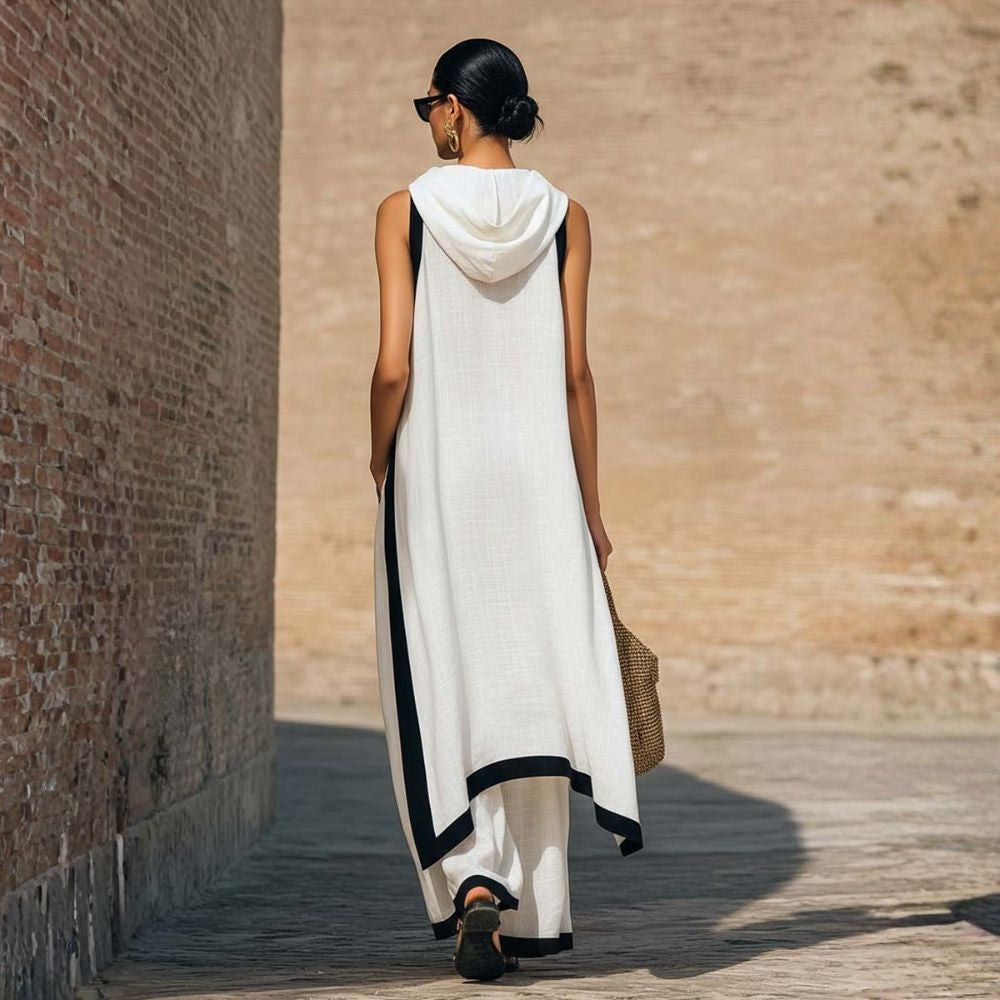Tenue femme en lin et coton avec tunique asymétrique et pantalon large