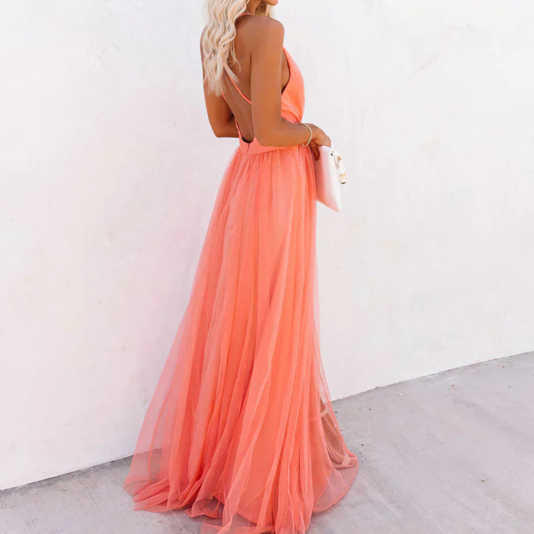 Robe Femme Longue Fluide Col V Dos Nu Élégante Soirée