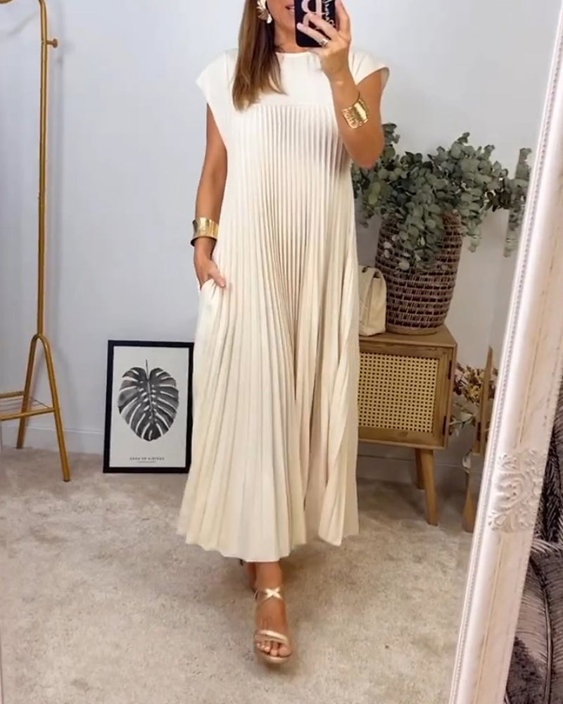 Robe femme longue fluide sans manches col rond avec poches – décontractée