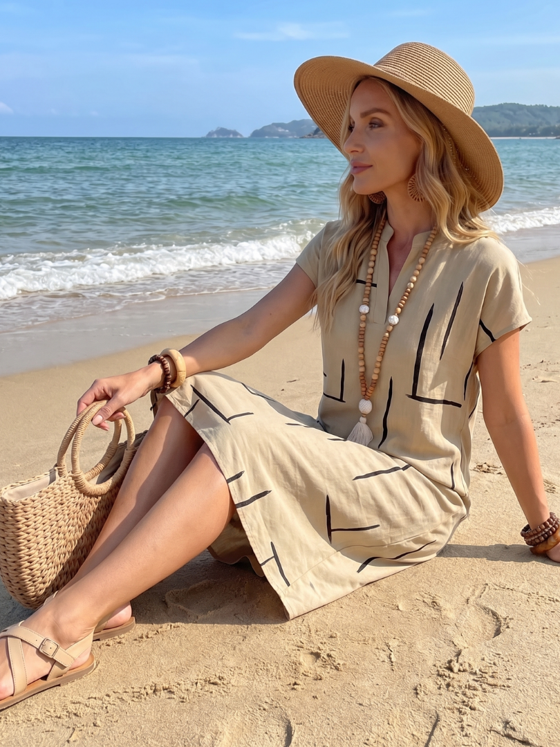 Robe Midi Femme Coton Lin Imprimé Géométrique Manches Courtes Décontractée