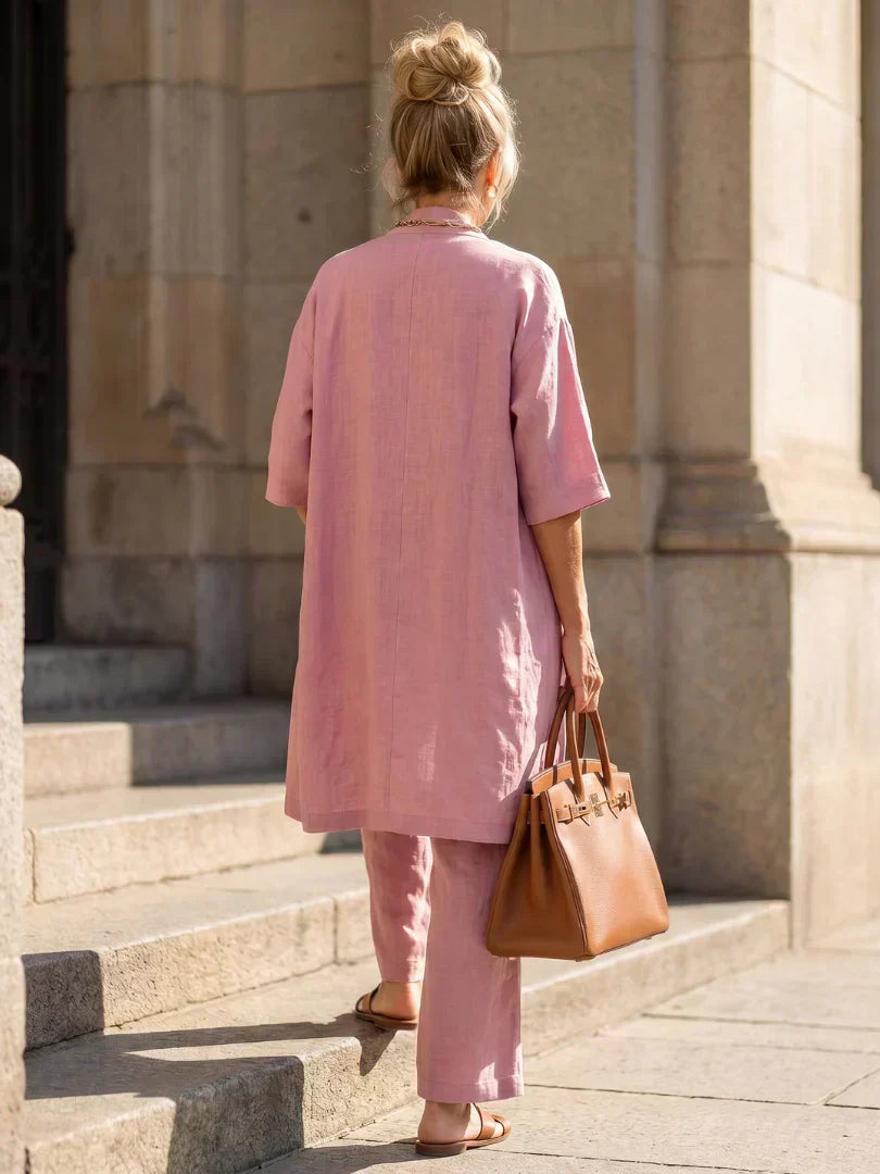 Ensemble femme trois pièces avec kimono fluide, top et pantalon ample
