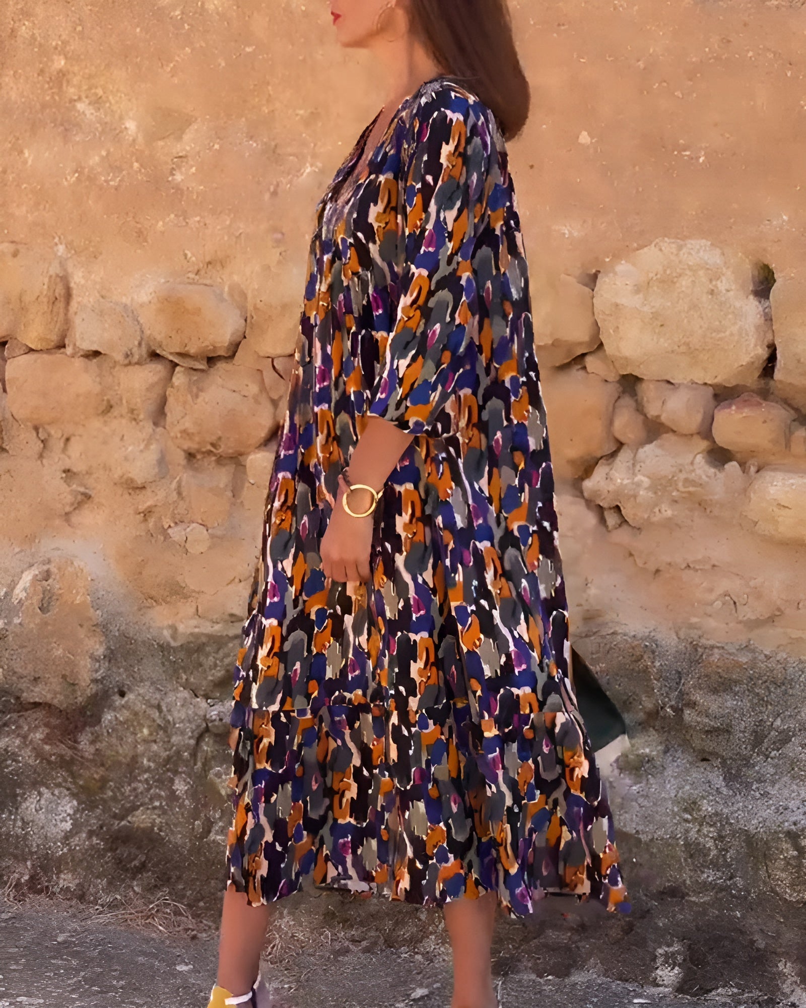 Robe Femme Imprimée Col V Coupe Fluide Tissu Léger Style Rétro Quotidien