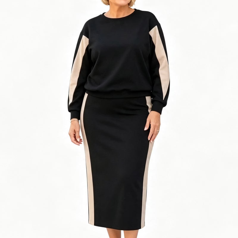 Ensemble jupe femme bicolore en maille à manches longues