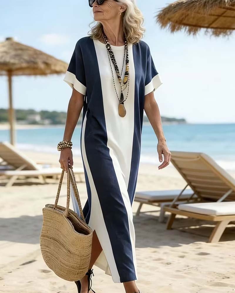 Robe midi femme à rayures verticales et fente latérale