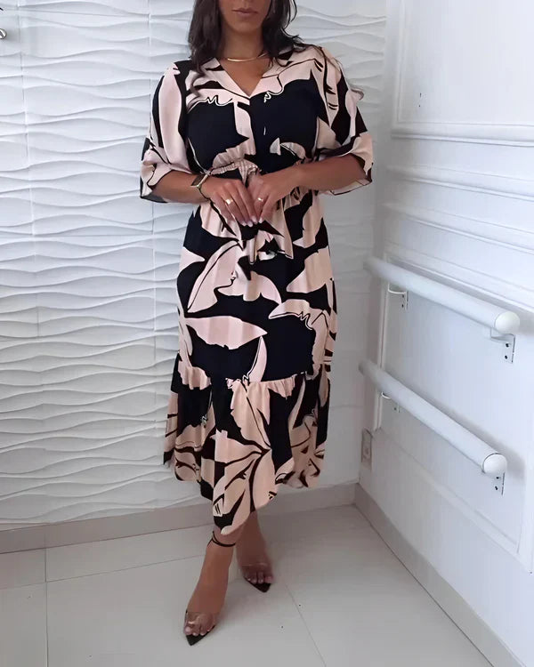 Robe femme à imprimé abstrait avec col V et taille ajustable