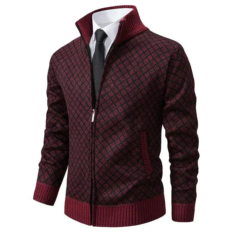 Cardigan Homme Zippé Col Montant Tricot Jacquard Losangé